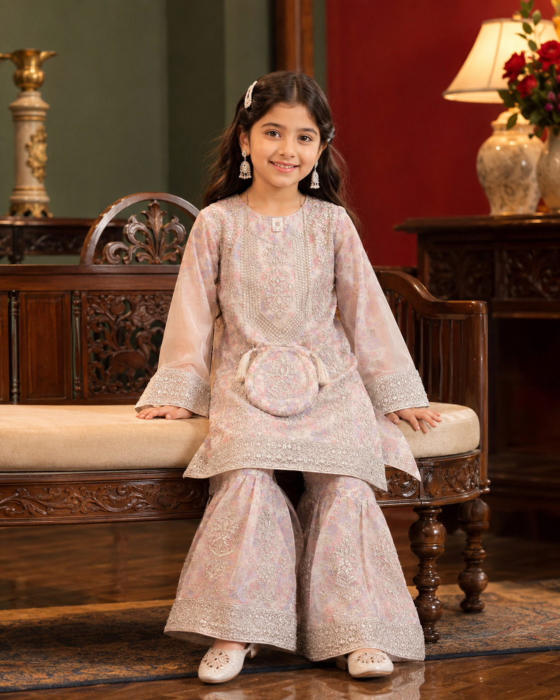 Girl wearing pastel Pakistani wedding outfit from Little Maryam Heritage Collection