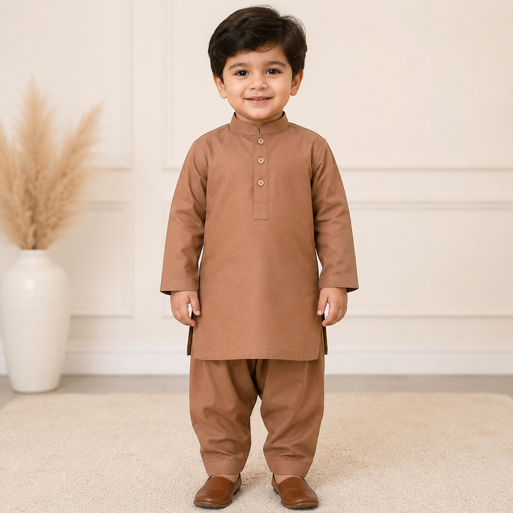 Camel Brown Baby Boy Shalwar Kameez front view - baby boy Pakistani outfit by Little Maryam
