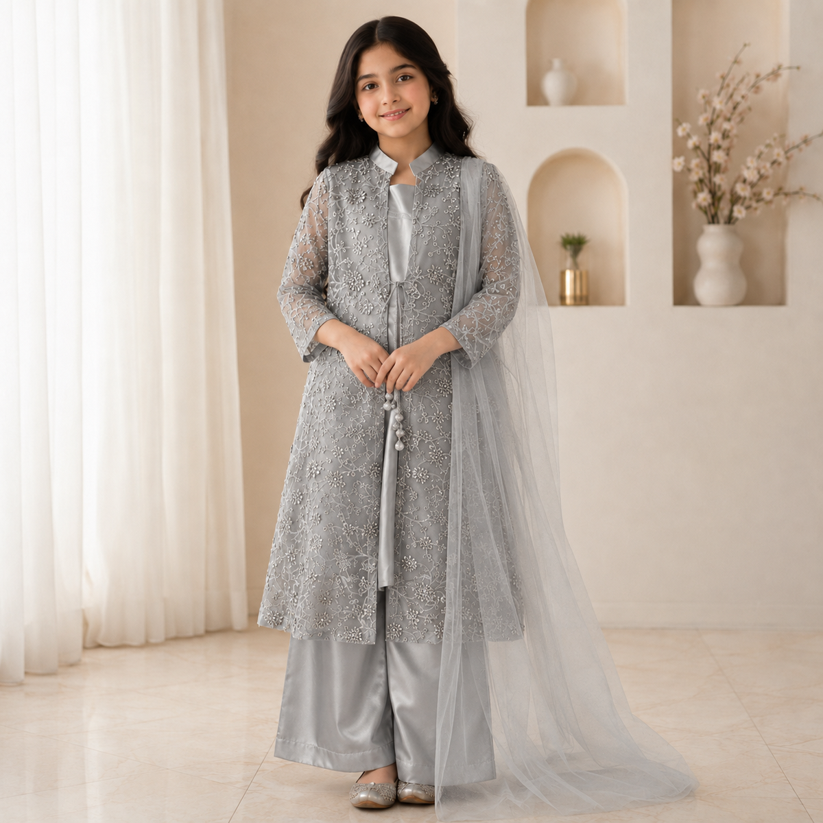 Silver Mist Embroidered Formal Set front view - baby girl formal dress by Little Maryam