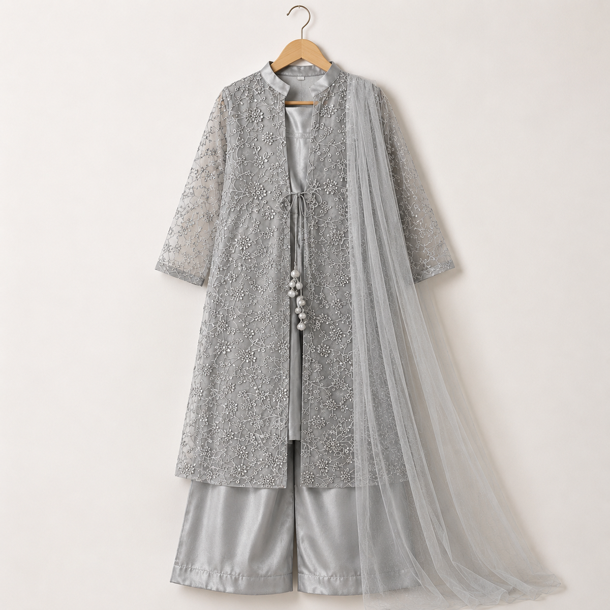Silver Mist Embroidered Formal Set detail view - girls wedding wear Pakistan by Little Maryam