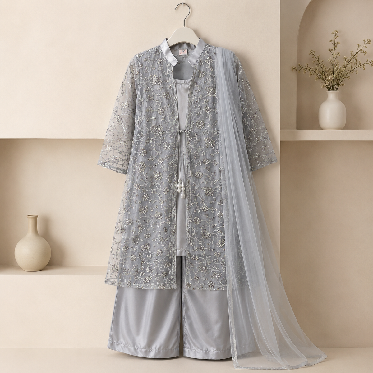 Silver Mist Embroidered Formal Set side view - party wear for girls by Little Maryam