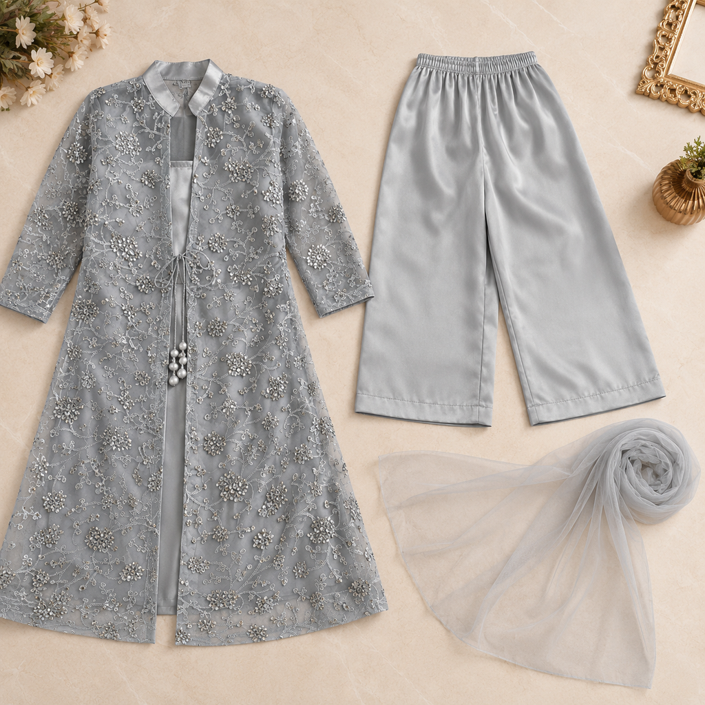 Silver Mist Embroidered Formal Set outfit view - Heritage Collection by Little Maryam