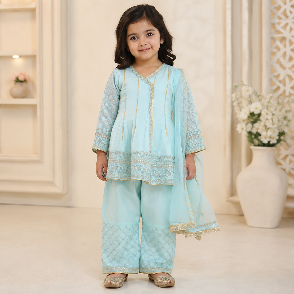 Aasmaan Blue Angrakha 3-Piece Set front view - baby girl wedding outfit by Little Maryam
