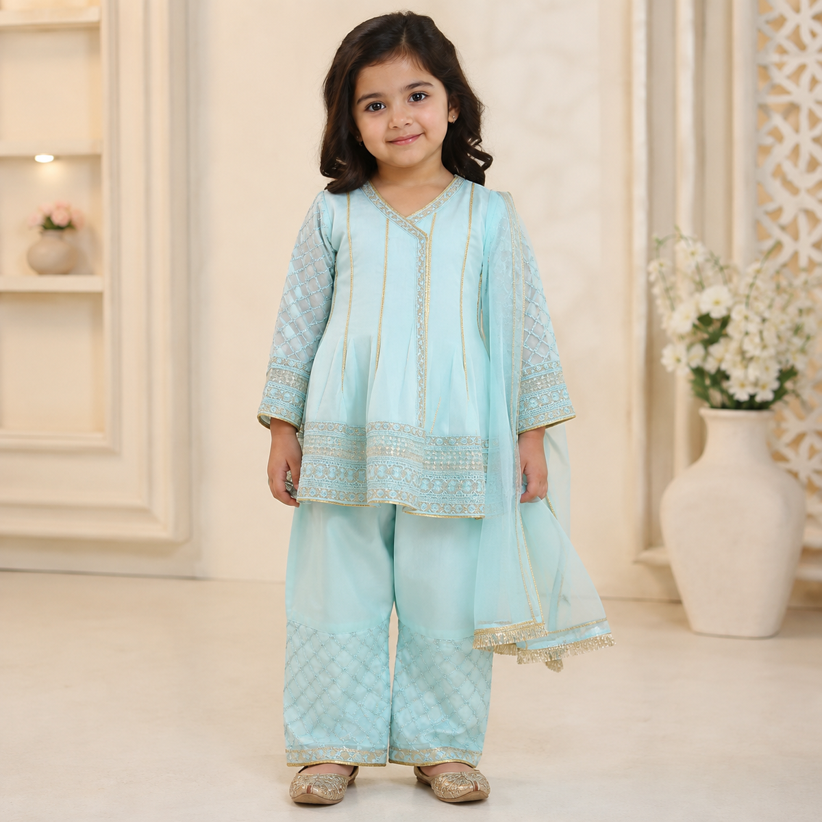 Aasmaan Blue Angrakha 3-Piece Set front view - baby girl wedding outfit by Little Maryam