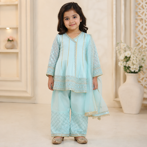 Aasmaan Blue Angrakha 3-Piece Set front view - baby girl wedding outfit by Little Maryam