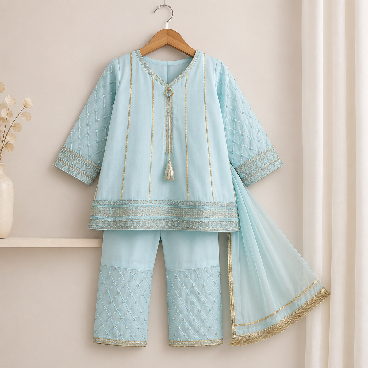 Aasmaan Blue Angrakha 3-Piece Set detail view - girls party wear Pakistan by Little Maryam