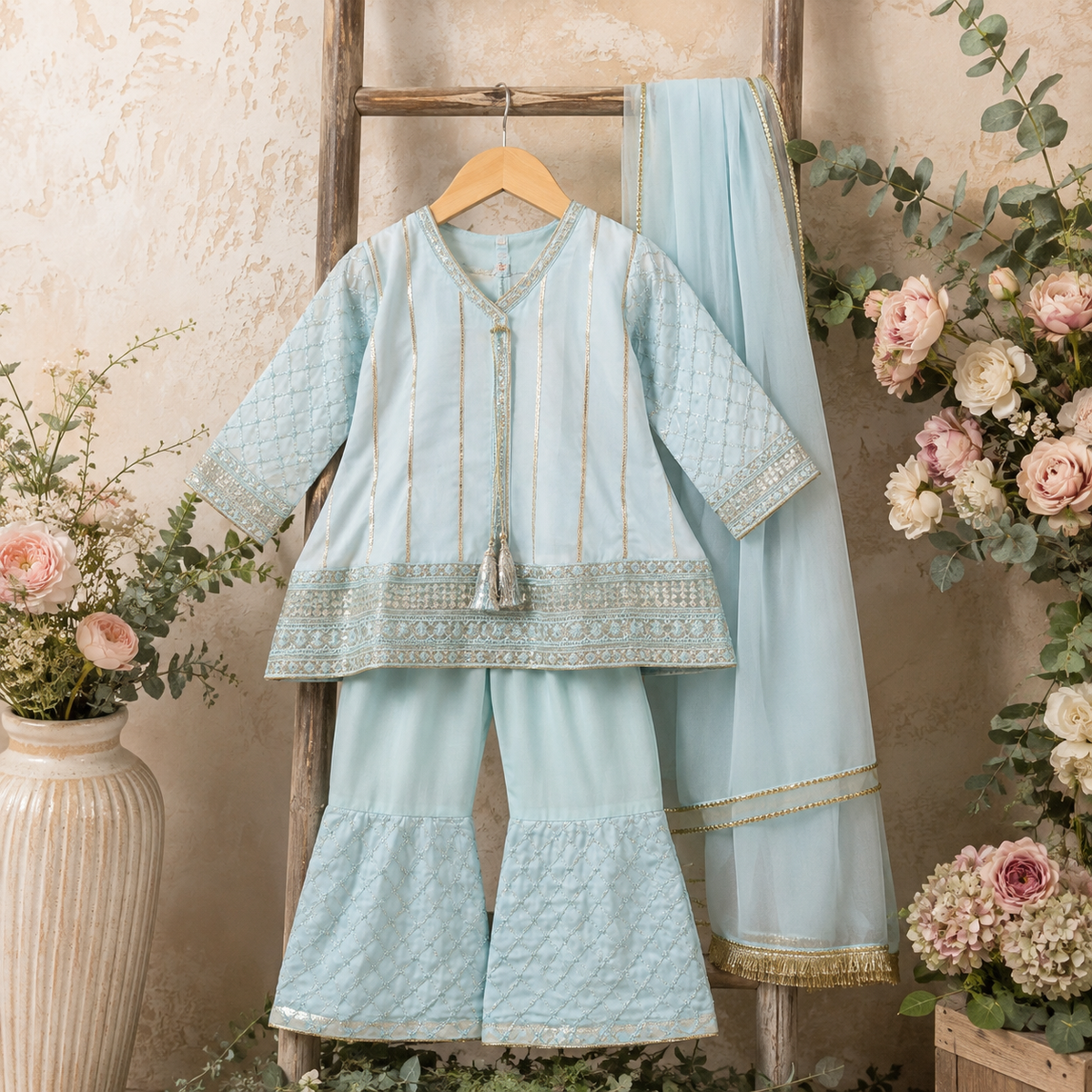 Aasmaan Blue Angrakha 3-Piece Set side view - Pakistani kids formal wear by Little Maryam