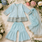 Aasmaan Blue Angrakha 3-Piece Set outfit view - Heritage Collection by Little Maryam