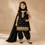 Noor Black Embroidered 3-Piece Set front view - girls party wear Pakistan by Little Maryam