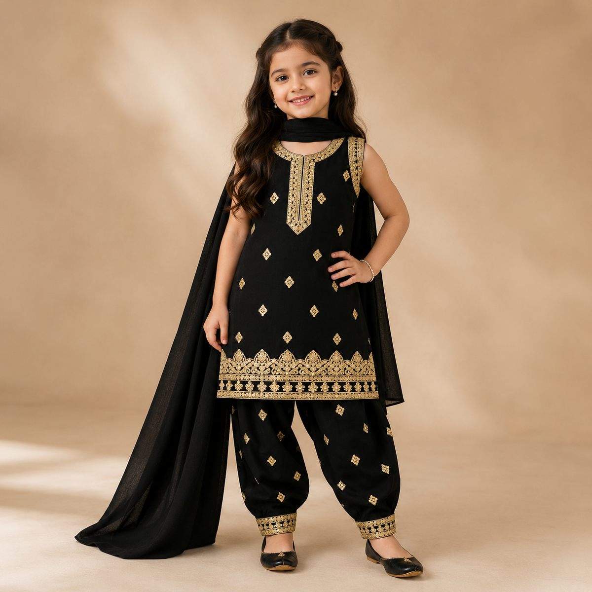 Noor Black Embroidered 3-Piece Set front view - girls party wear Pakistan by Little Maryam