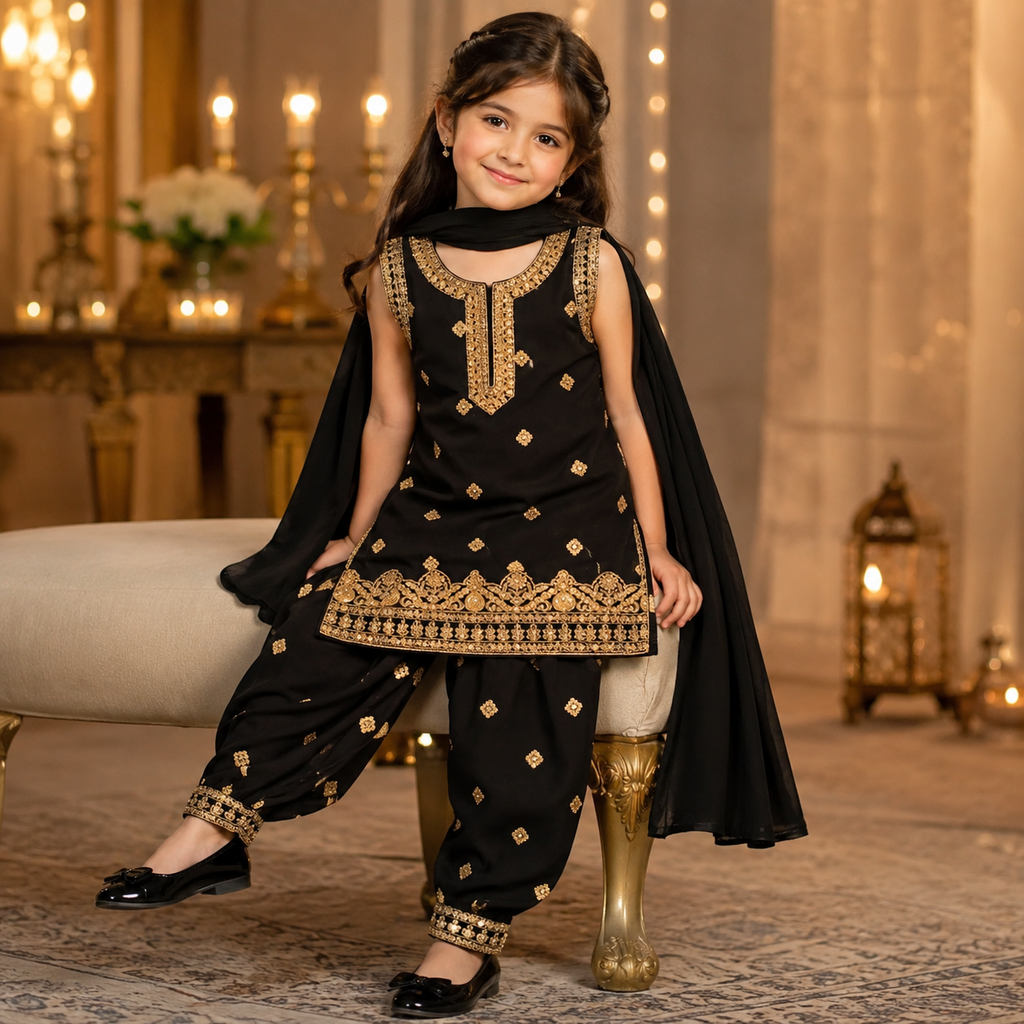 Noor Black Embroidered 3-Piece Set fabric detail - embroidered girls outfit by Little Maryam