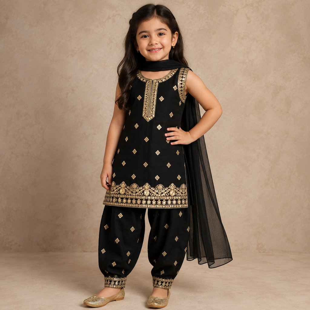 Noor Black Embroidered 3-Piece Set close up - baby girl party wear by Little Maryam
