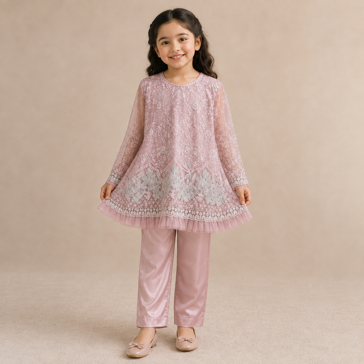 Rose Pearl Embroidered 2-Piece Set front view - baby girl party wear by Little Maryam