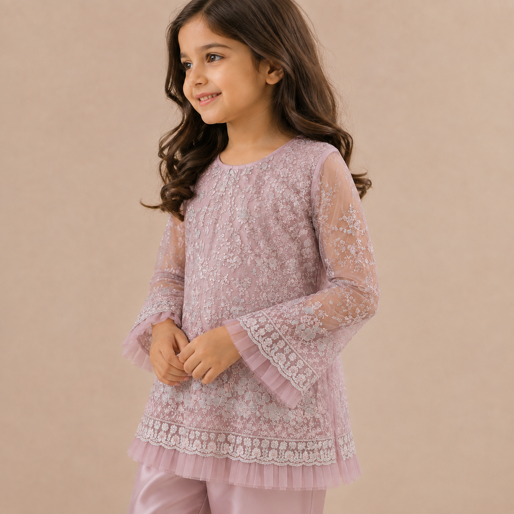 Rose Pearl Embroidered 2-Piece Set detail view - girls formal outfit Pakistan by Little Maryam