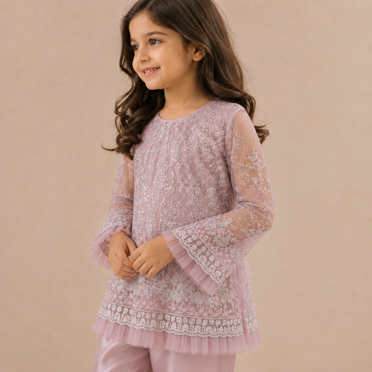 Rose Pearl Embroidered 2-Piece Set detail view - girls formal outfit Pakistan by Little Maryam