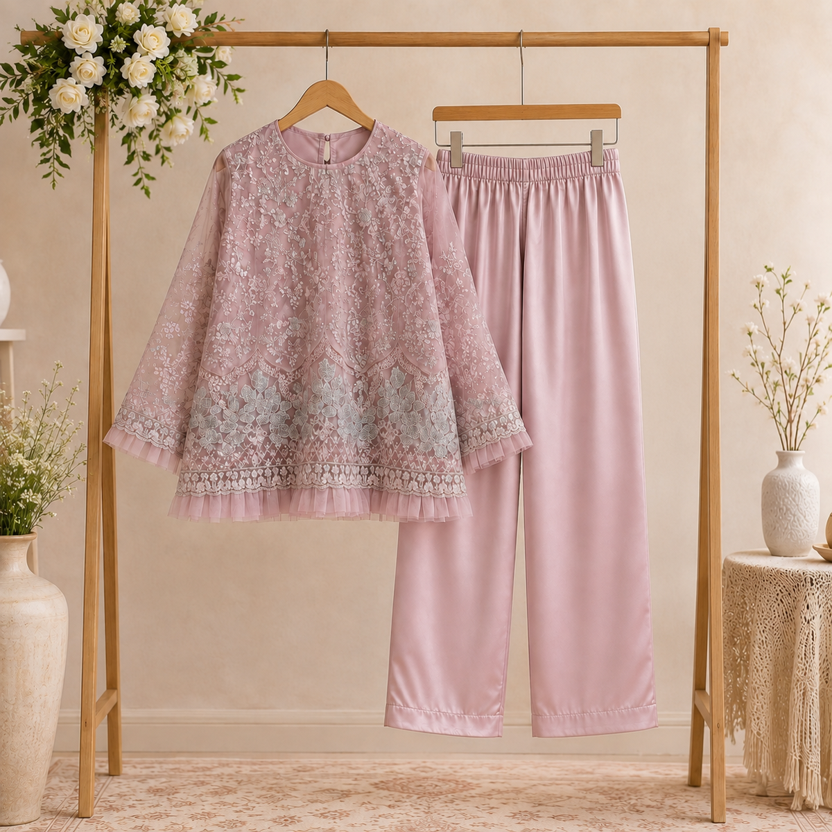 Rose Pearl Embroidered 2-Piece Set outfit view - Heritage Collection by Little Maryam