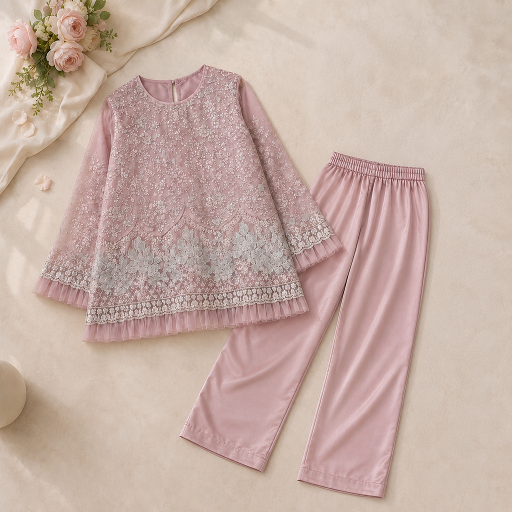 Rose Pearl Embroidered 2-Piece Set fabric detail - baby girl formal wear by Little Maryam