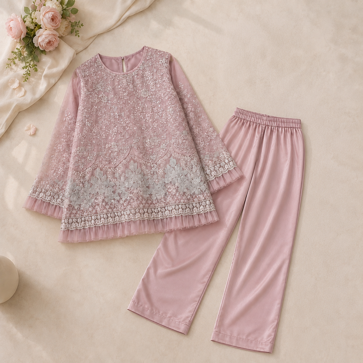 Rose Pearl Embroidered 2-Piece Set fabric detail - baby girl formal wear by Little Maryam