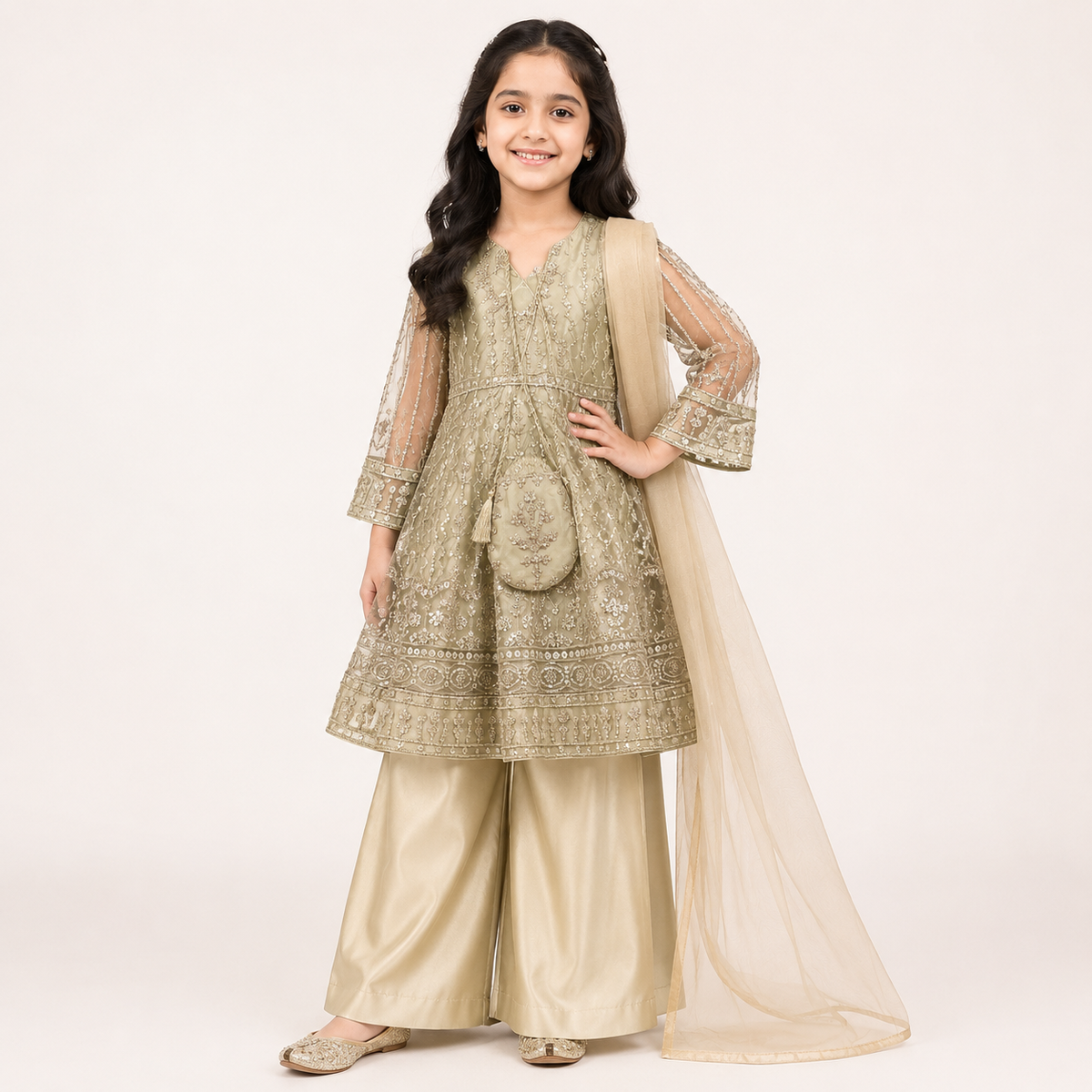 Golden Noor Embroidered 4-Piece Set front view - baby girl wedding dress Pakistan by Little Maryam