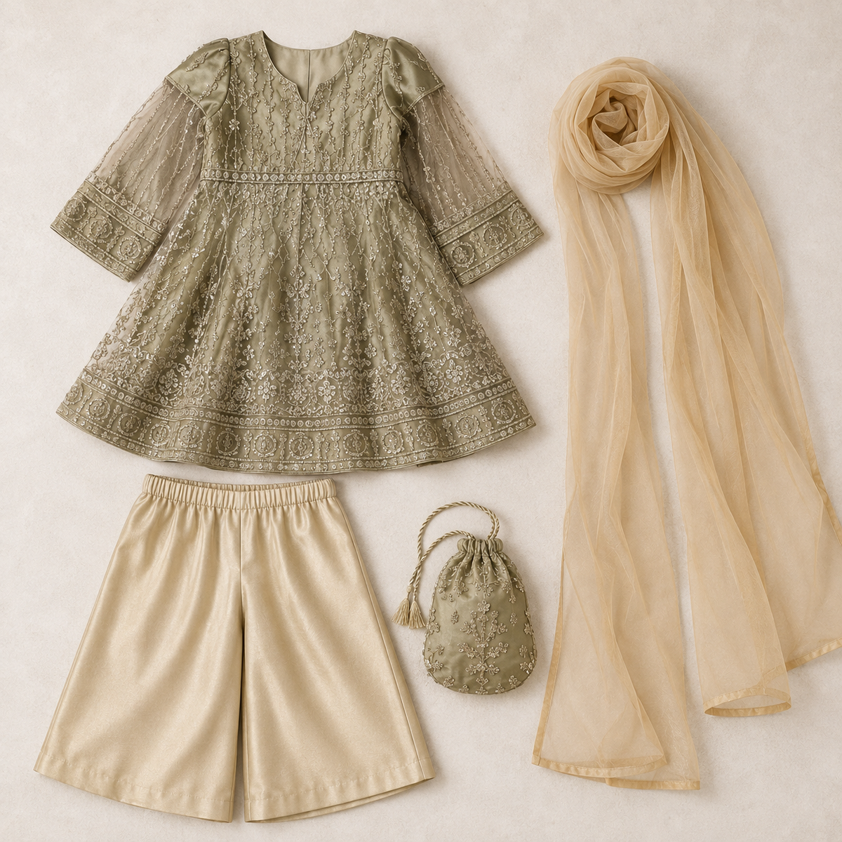 Golden Noor Embroidered 4-Piece Set side view - party wear for girls by Little Maryam