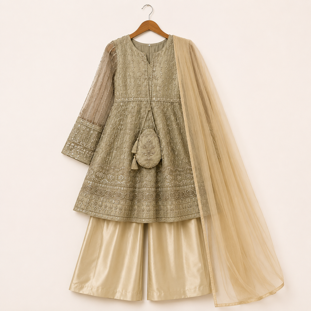 Golden Noor Embroidered 4-Piece Set detail view - girls formal wear by Little Maryam