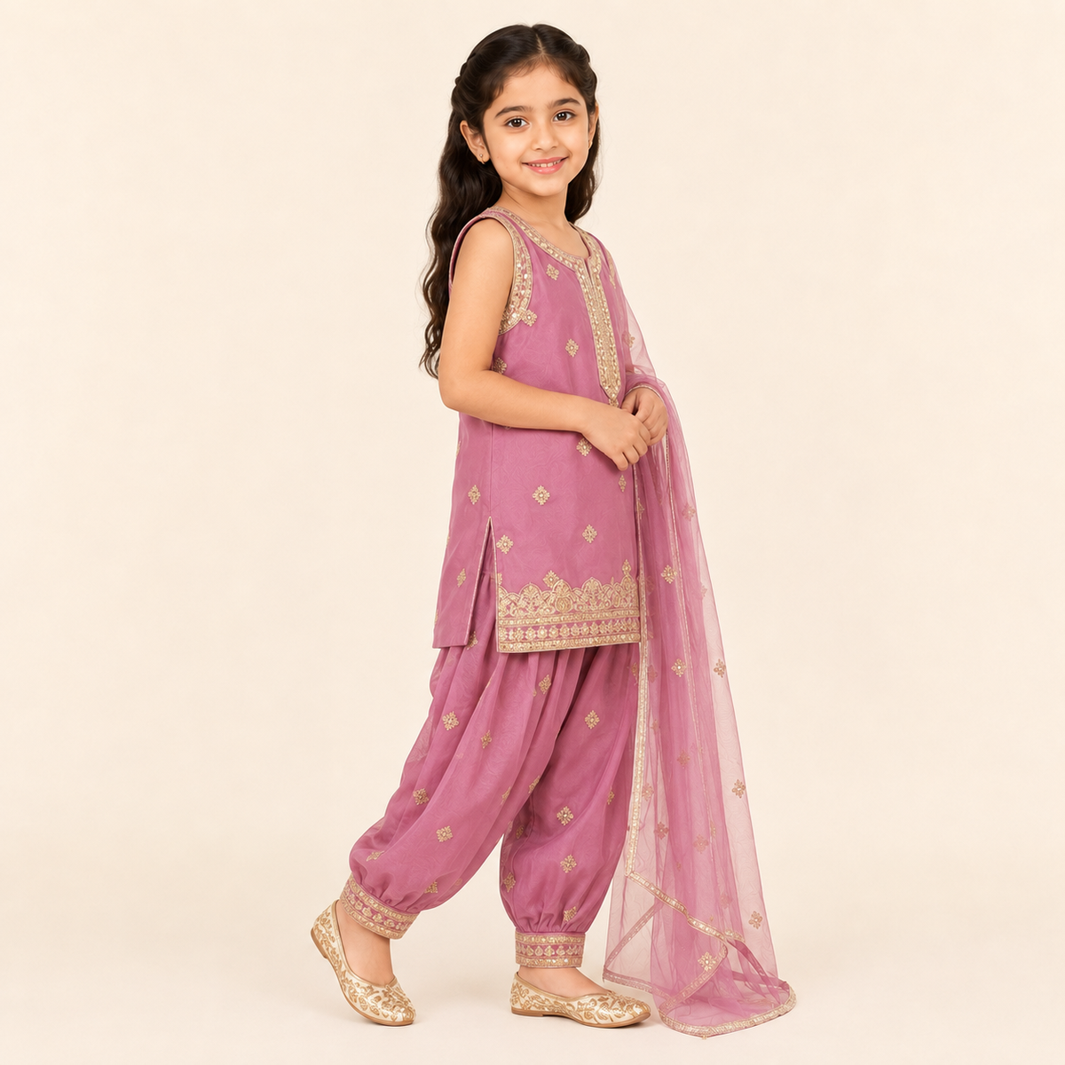 Rose Mehfil Embroidered 3-Piece detail view - girls party wear Pakistan by Little Maryam