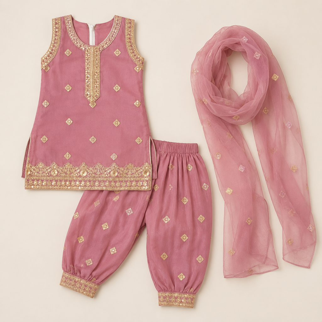 Rose Mehfil Embroidered 3-Piece side view - embroidered girls outfit by Little Maryam