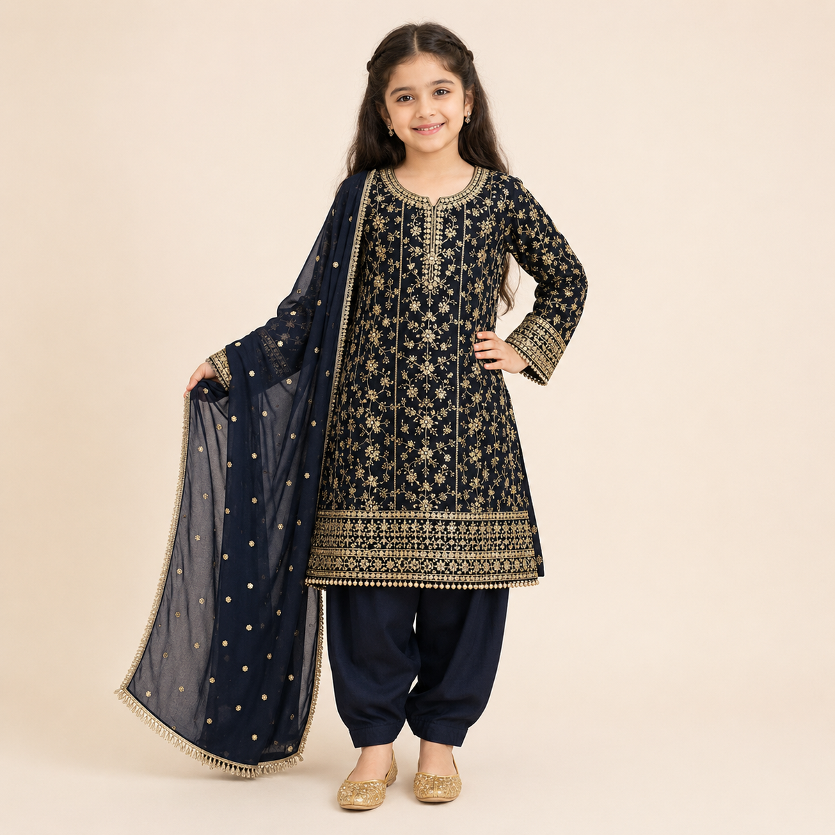 Siyah Noor Festive 3-Piece Set front view - girls party wear Pakistan by Little Maryam