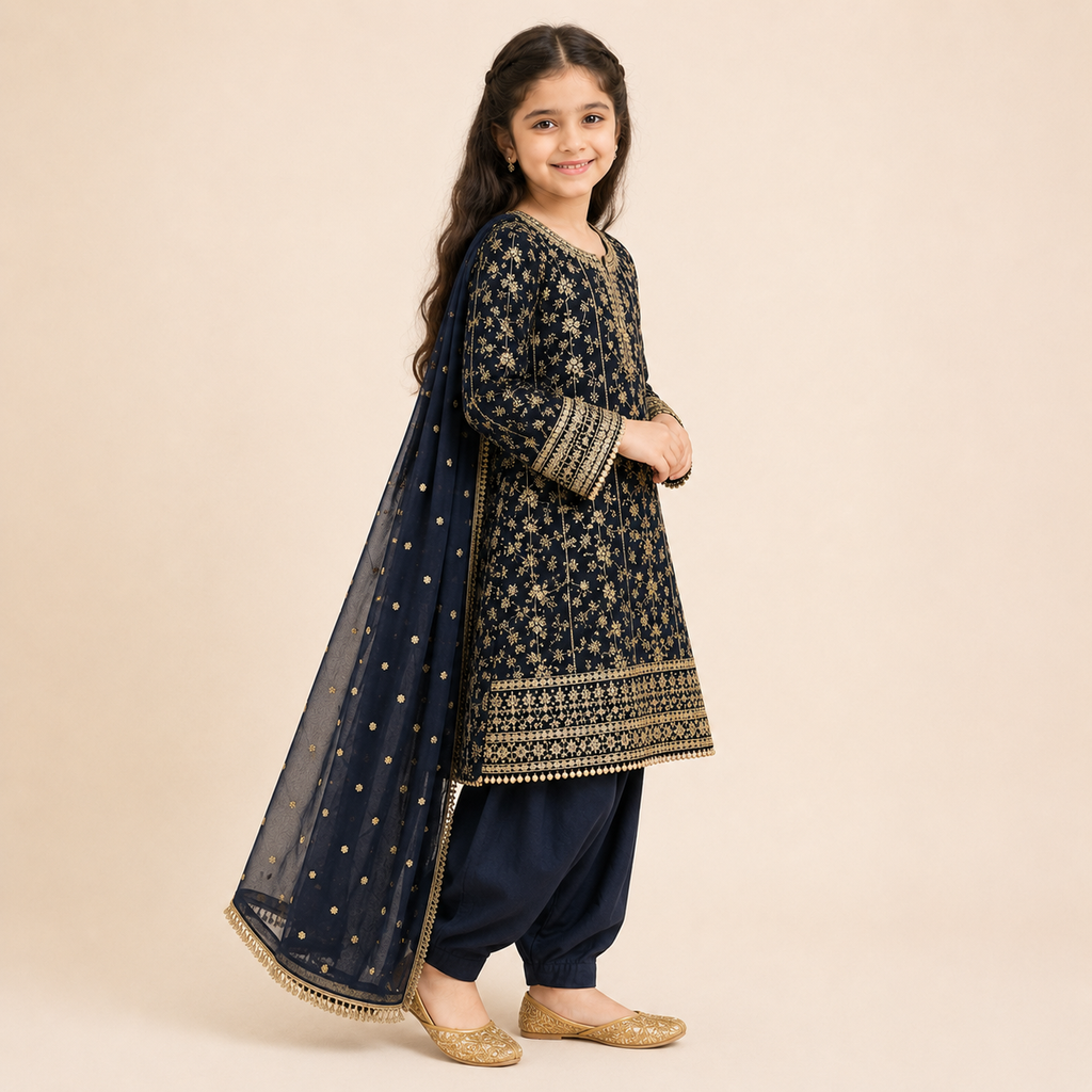 Siyah Noor Festive 3-Piece Set detail view - baby girl formal outfit by Little Maryam