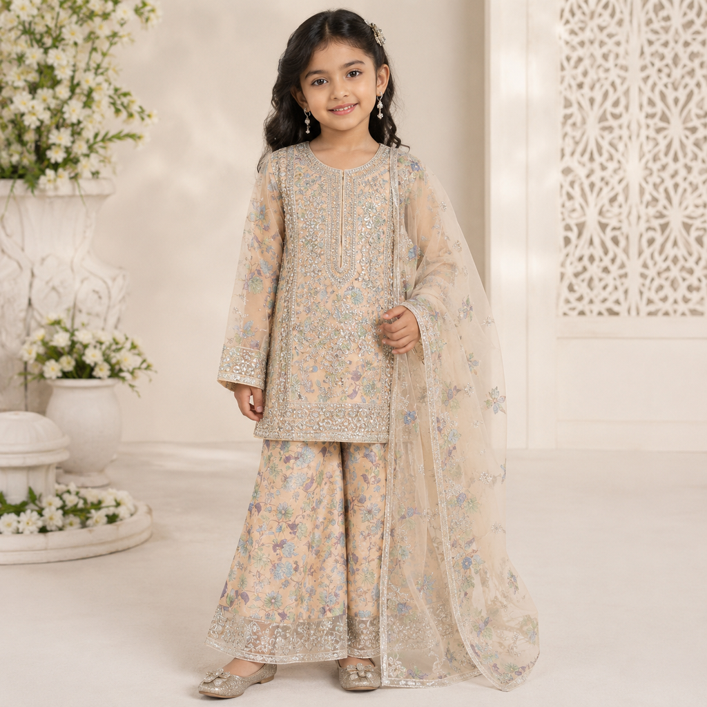 Peach Blossom Organza 3-Piece Suit front view - baby girl party dress by Little Maryam