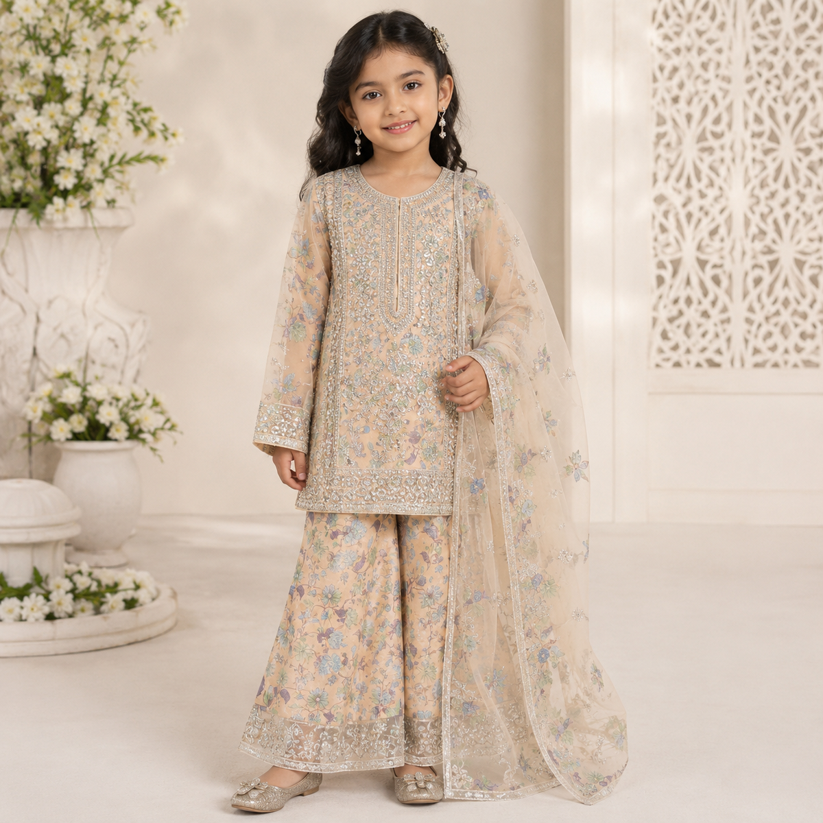 Peach Blossom Organza 3-Piece Suit front view - baby girl party dress by Little Maryam