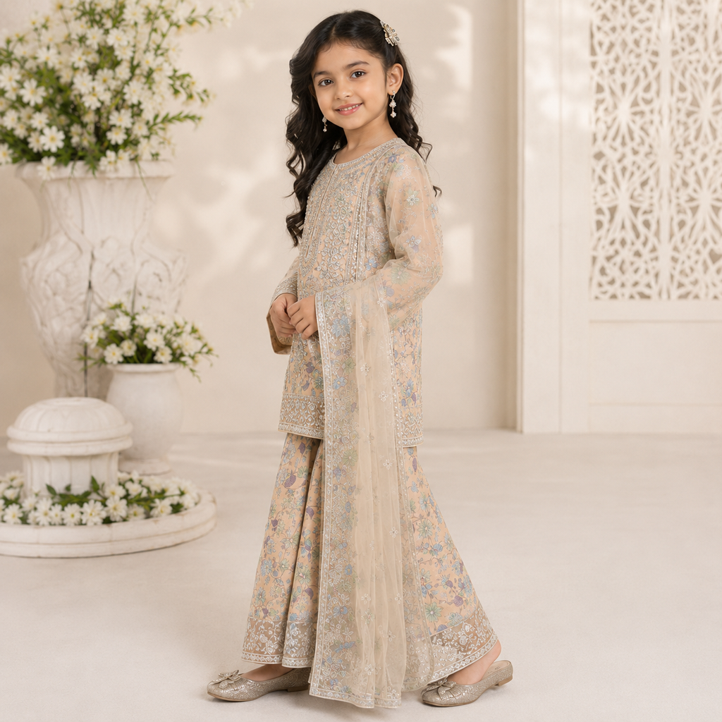 Peach Blossom Organza 3-Piece Suit detail view - girls wedding dress Pakistan by Little Maryam
