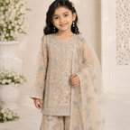 Peach Blossom Organza 3-Piece Suit side view - Pakistani kids formal wear by Little Maryam