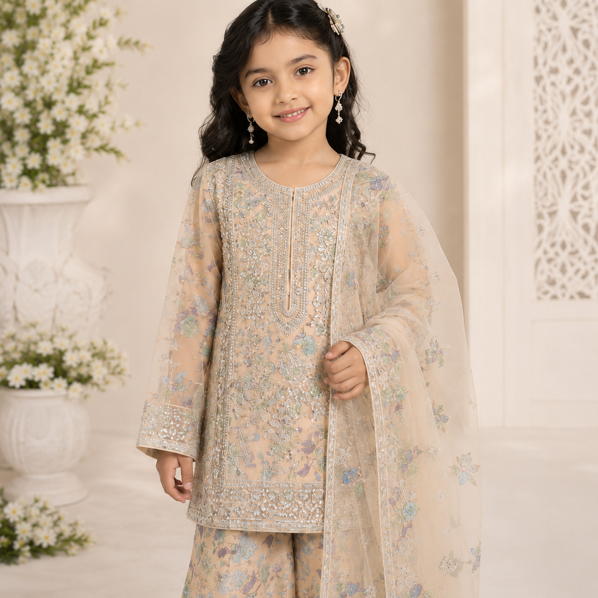 Peach Blossom Organza 3-Piece Suit side view - Pakistani kids formal wear by Little Maryam
