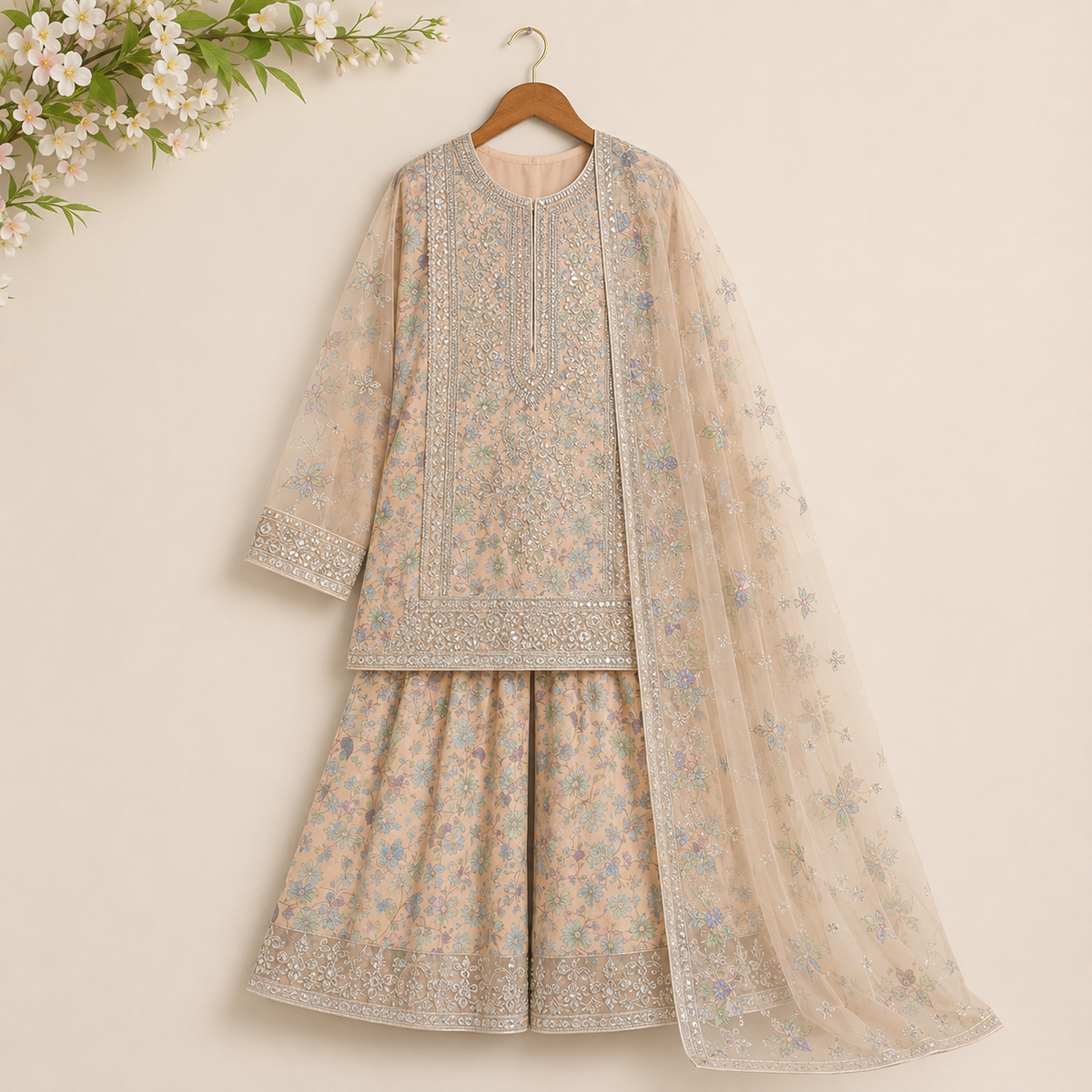Peach Blossom Organza 3-Piece Suit outfit view - Heritage Collection by Little Maryam
