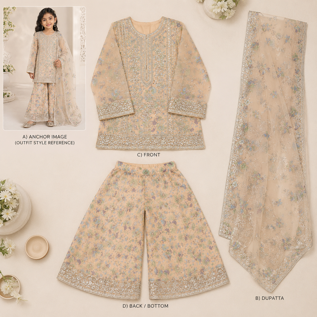 Peach Blossom Organza 3-Piece Suit fabric detail - embroidered girls outfit by Little Maryam