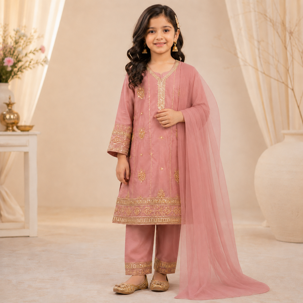 Rose Blush Embroidered 3-Piece Suit front view - baby girl formal dress by Little Maryam