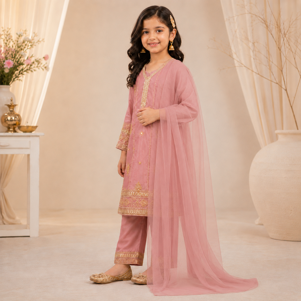 Rose Blush Embroidered 3-Piece Suit detail view - girls party wear Pakistan by Little Maryam