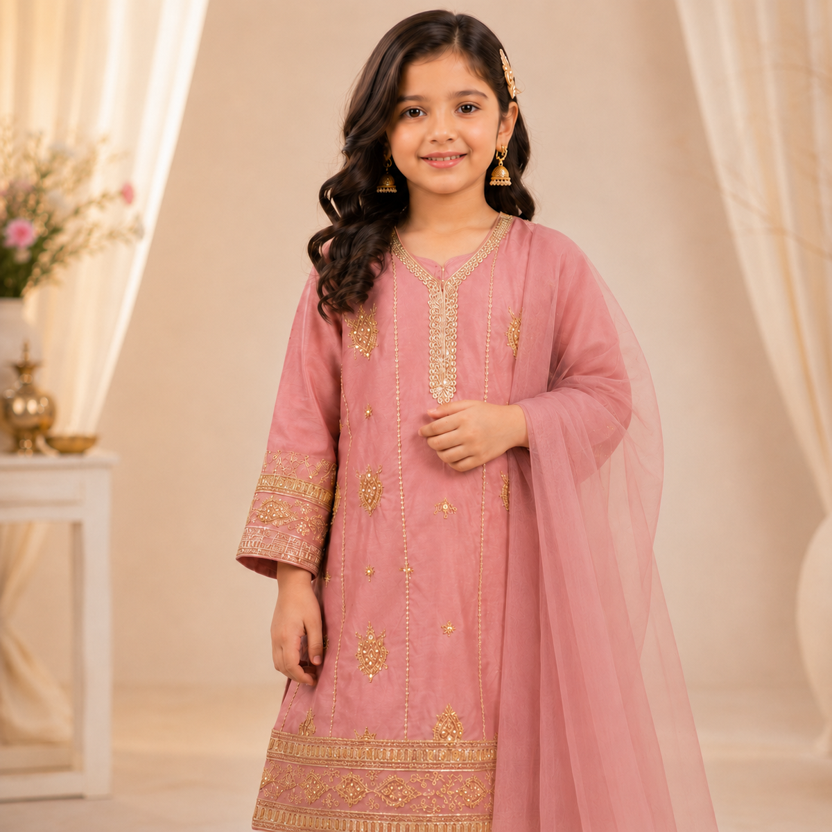 Rose Blush Embroidered 3-Piece Suit side view - wedding outfit for girls by Little Maryam