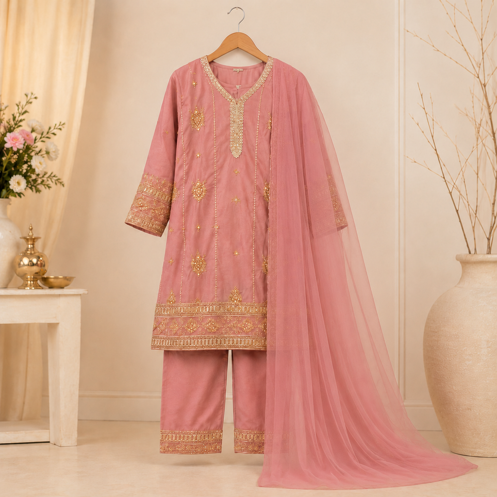 Rose Blush Embroidered 3-Piece Suit outfit view - Heritage Collection by Little Maryam