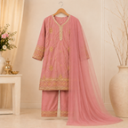 Rose Blush Embroidered 3-Piece Suit outfit view - Heritage Collection by Little Maryam