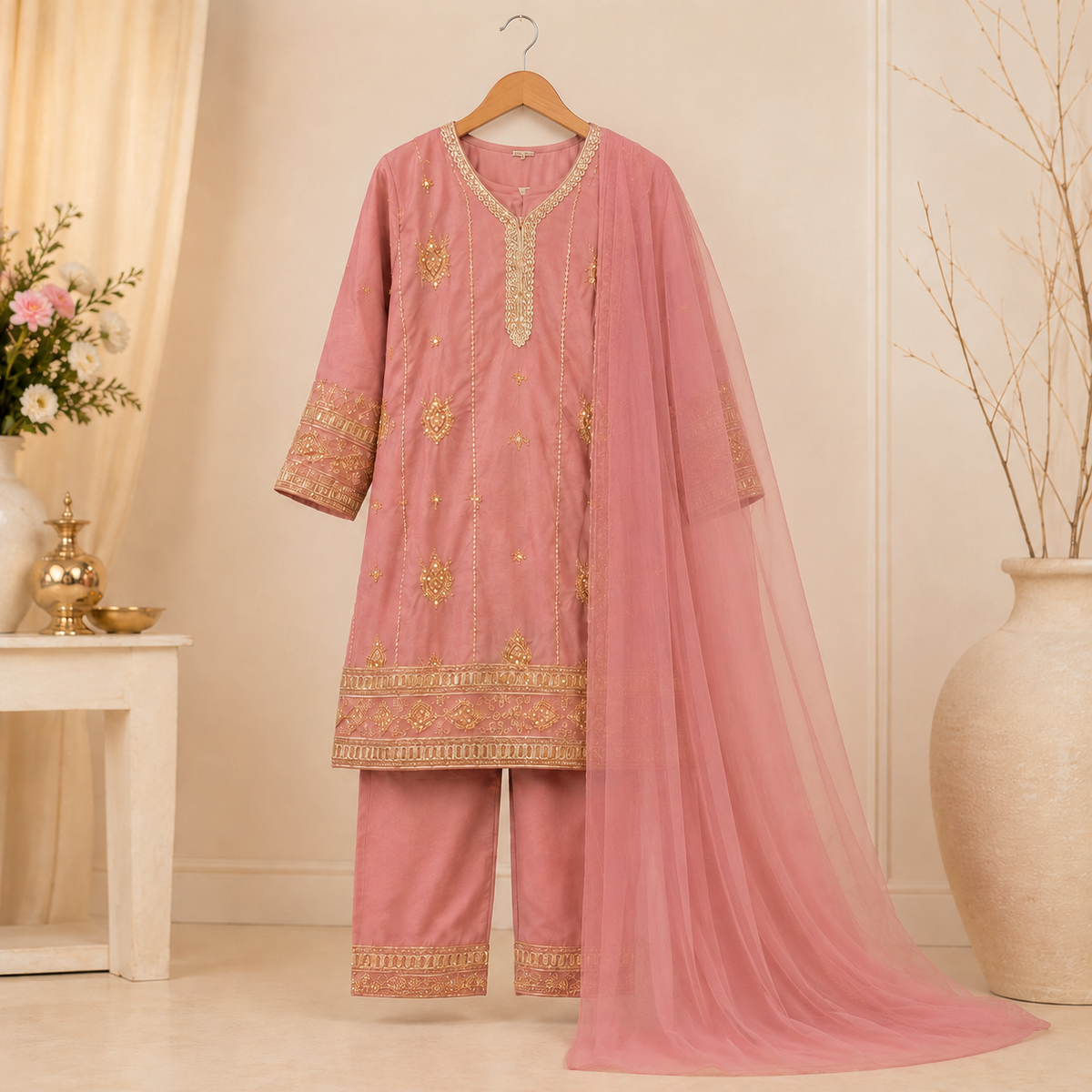 Rose Blush Embroidered 3-Piece Suit outfit view - Heritage Collection by Little Maryam