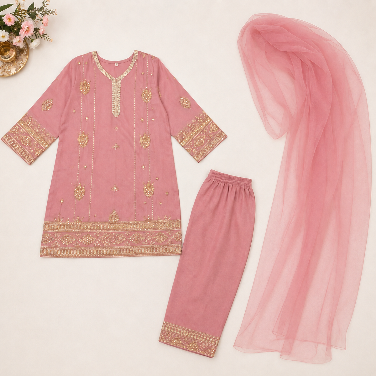 Rose Blush Embroidered 3-Piece Suit fabric detail - baby girl formal wear by Little Maryam