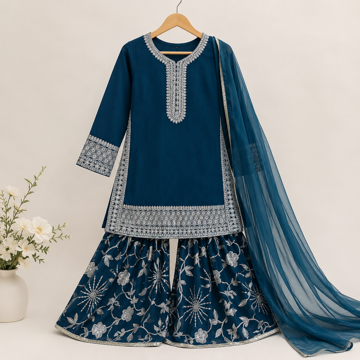 Zinc Noor Embroidered Gharara Set detail view - baby girl gharara by Little Maryam