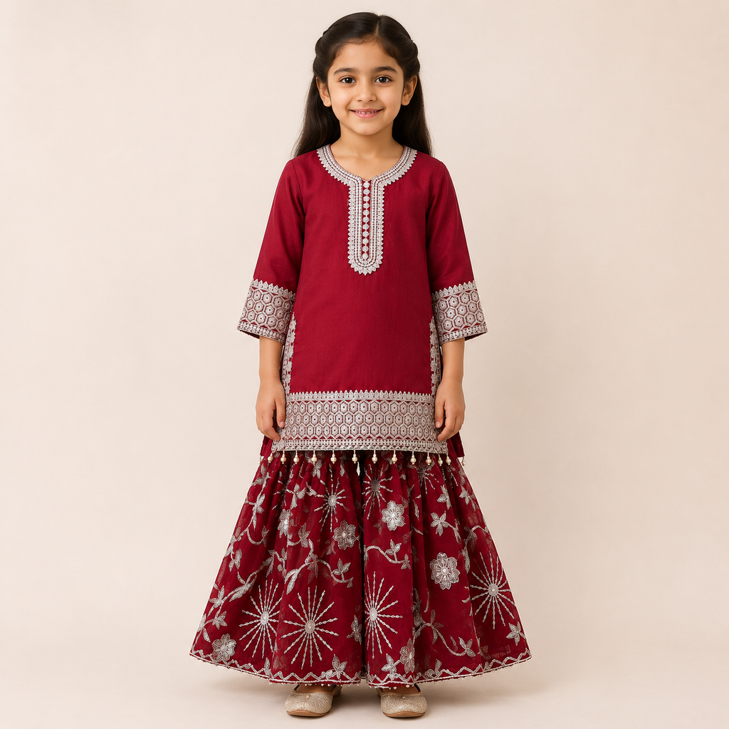 Garnet Baby Girl Gharara Set front view - baby girl gharara set by Little Maryam
