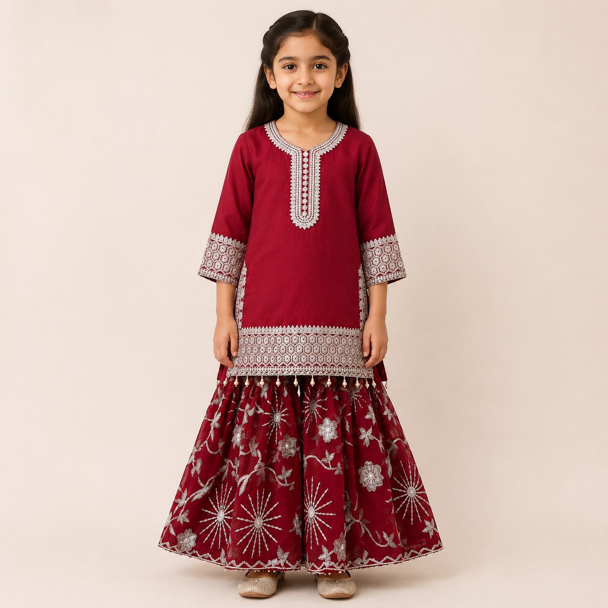 Garnet Baby Girl Gharara Set front view - baby girl gharara set by Little Maryam