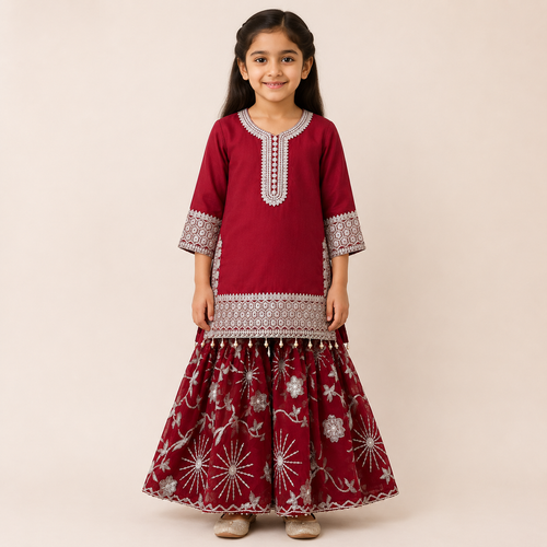 Garnet maroon embroidered girls gharara set front view
