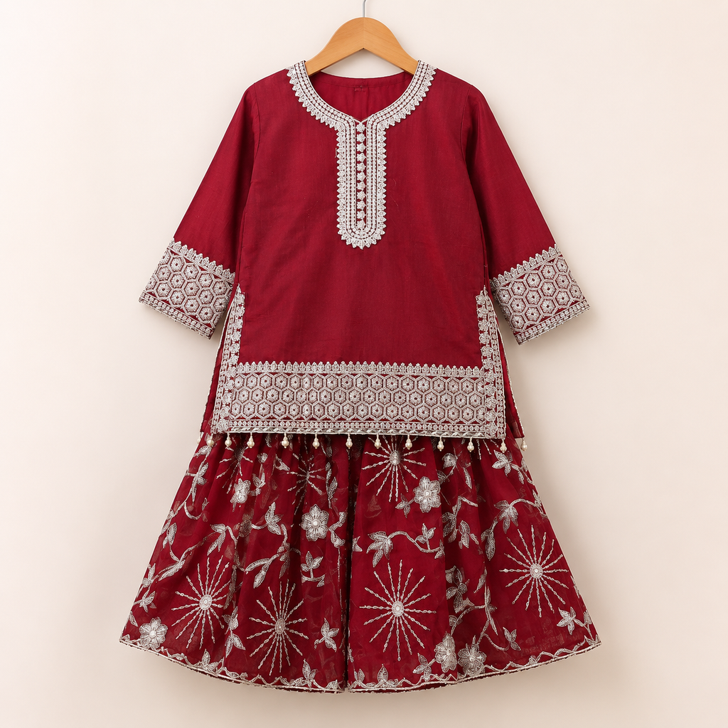 Garnet Baby Girl Gharara Set side view - baby girl gharara set by Little Maryam