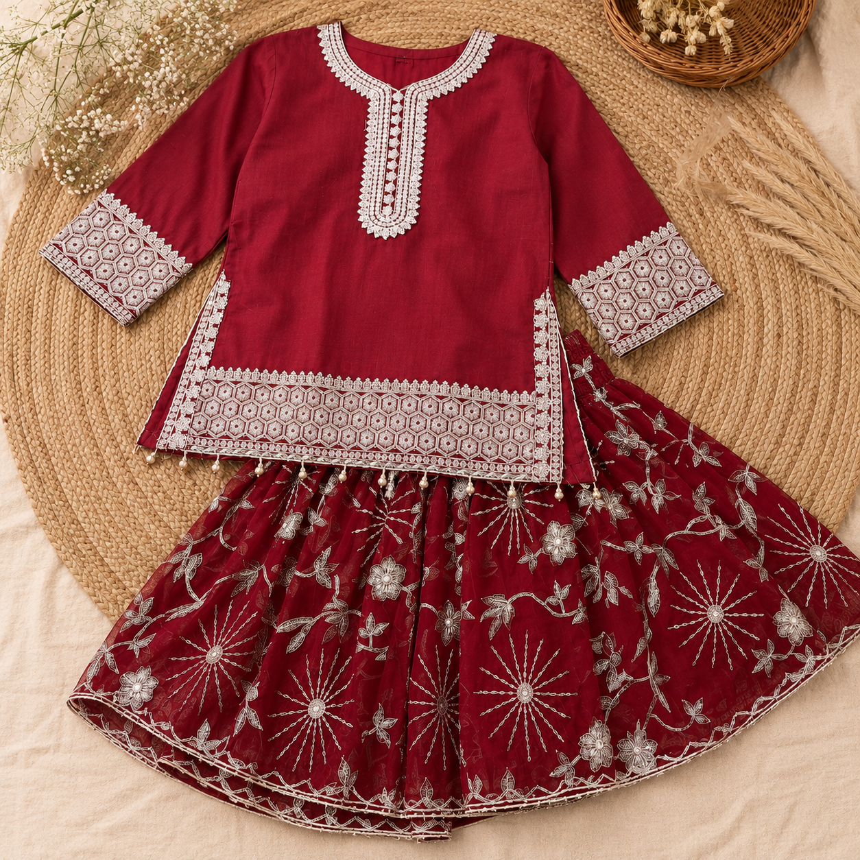 Garnet Baby Girl Gharara Set detail view - baby girl gharara set by Little Maryam