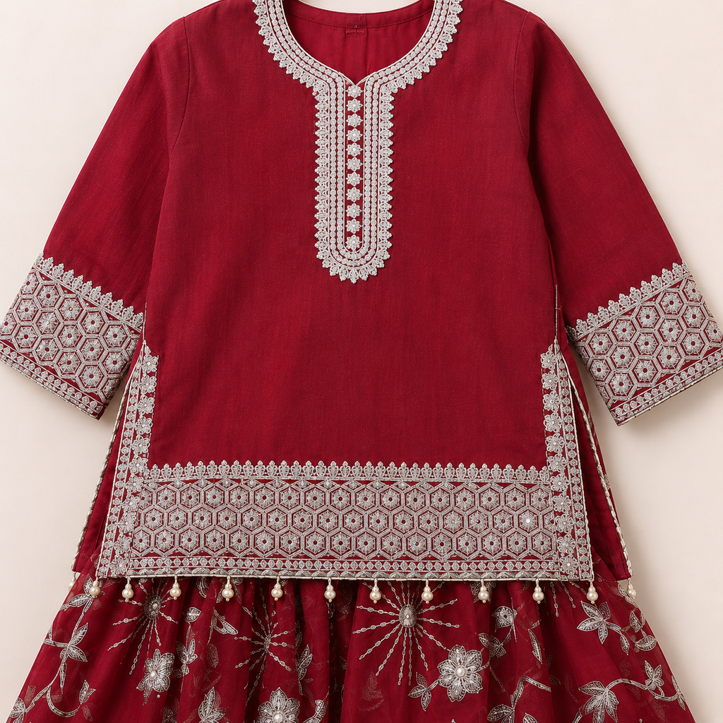 Garnet Baby Girl Gharara Set outfit view - baby girl gharara set by Little Maryam